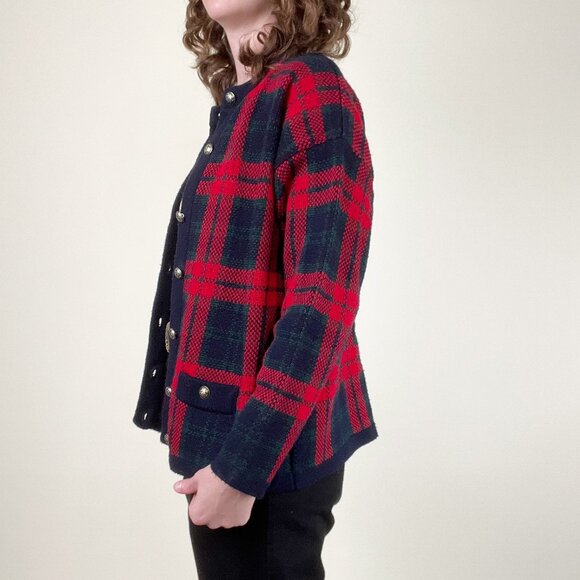 Vintage Scottish Wool Plaid Cardigan Sweater Oversized Tartan Holiday Christmas - Picture 3 of 9